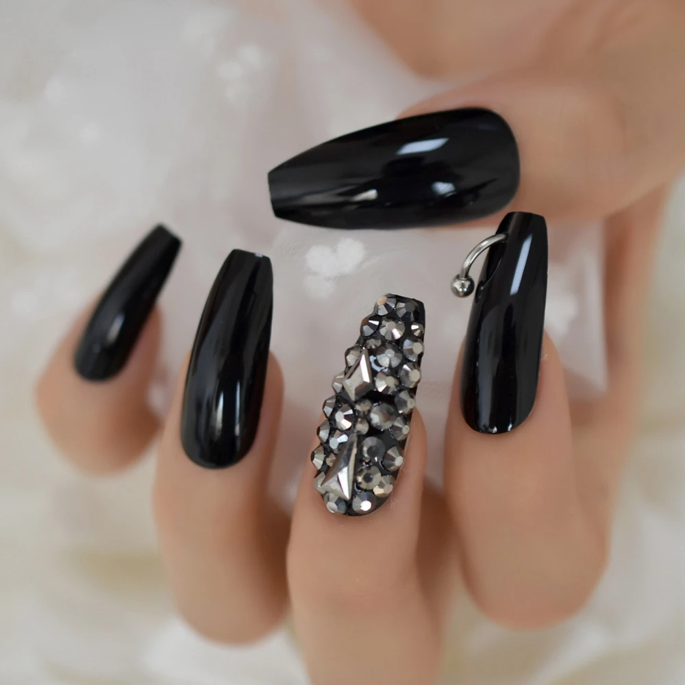 أحجار الراين الفضية الداكنة الأظافر المزيفة أحذية الحصان المعدنية مصممة ABS راقصة الباليه الاصطناعية مسمار الفن نصائح اضافية طويلة نعش أظافر سوداء #3