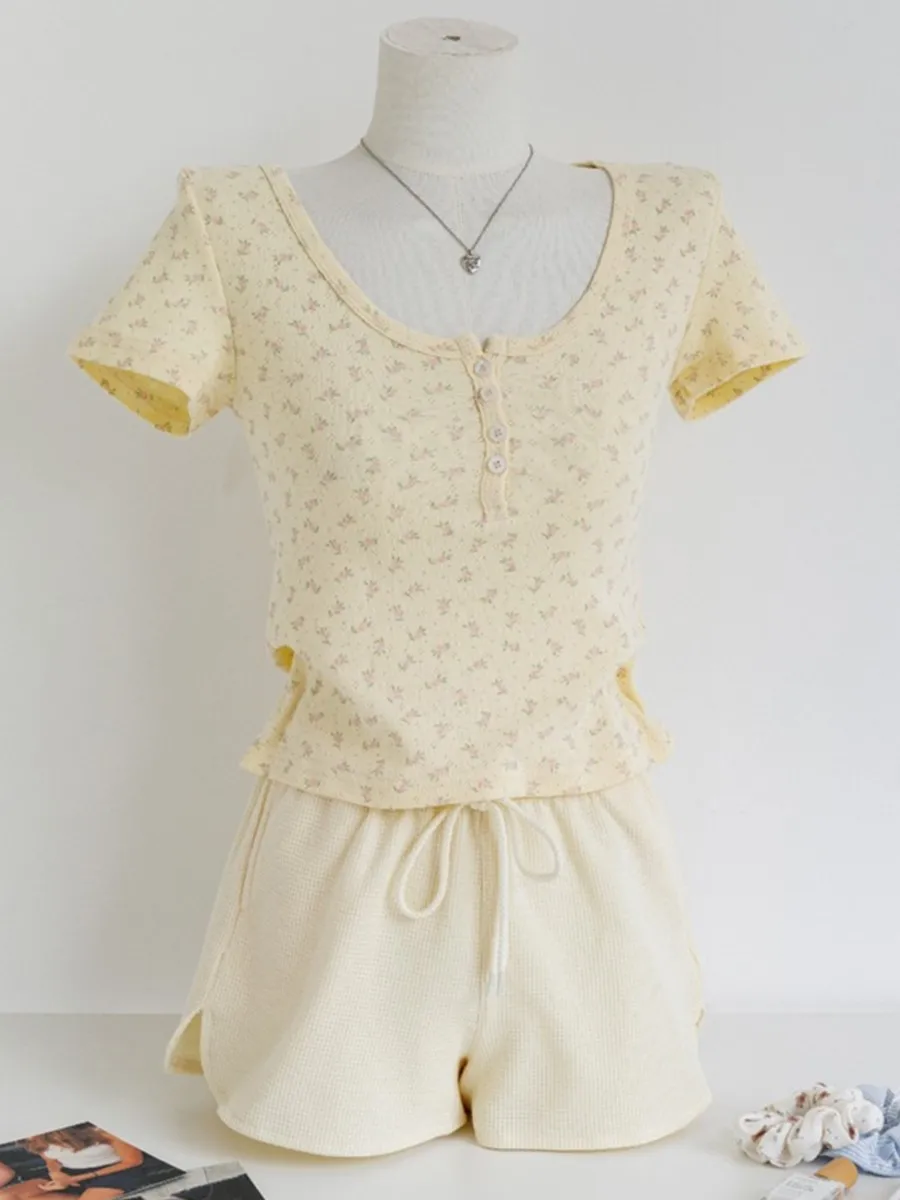 

Floral Yellow Home Pajama Sets Women Summer Eyelet Tees Waffle Straight Short Pant Sweet T-shirt Shorts Sweet 2 Pieces Outfits