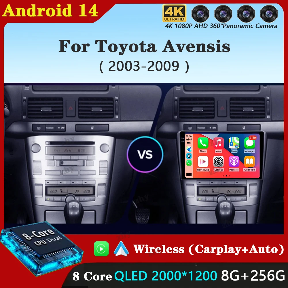 Android 14 For Toyota Avensis T250 2 II 2003 2004 2005 - 2009 Car Radio Navigation Multimedia Player GPS WiFi+4G Carplay Auto