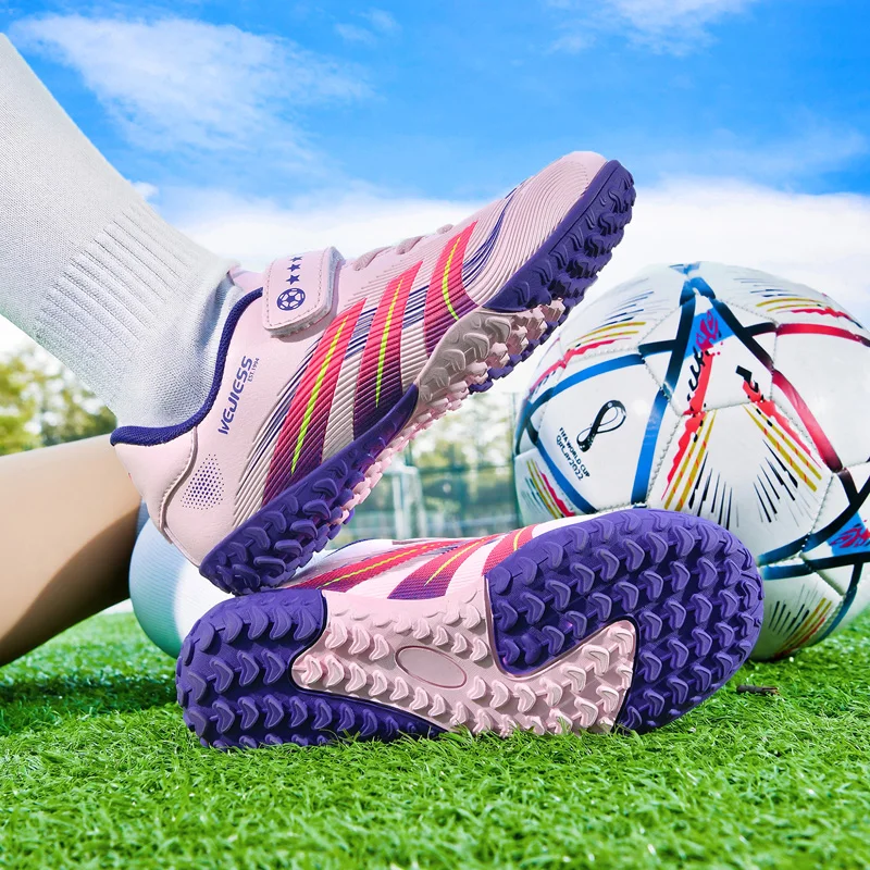 

Super Star Fashion Pink Football Training Shoes Children Professional Indoor Soccer Shoes Kids Hook-loop Futsal Sneakers Child