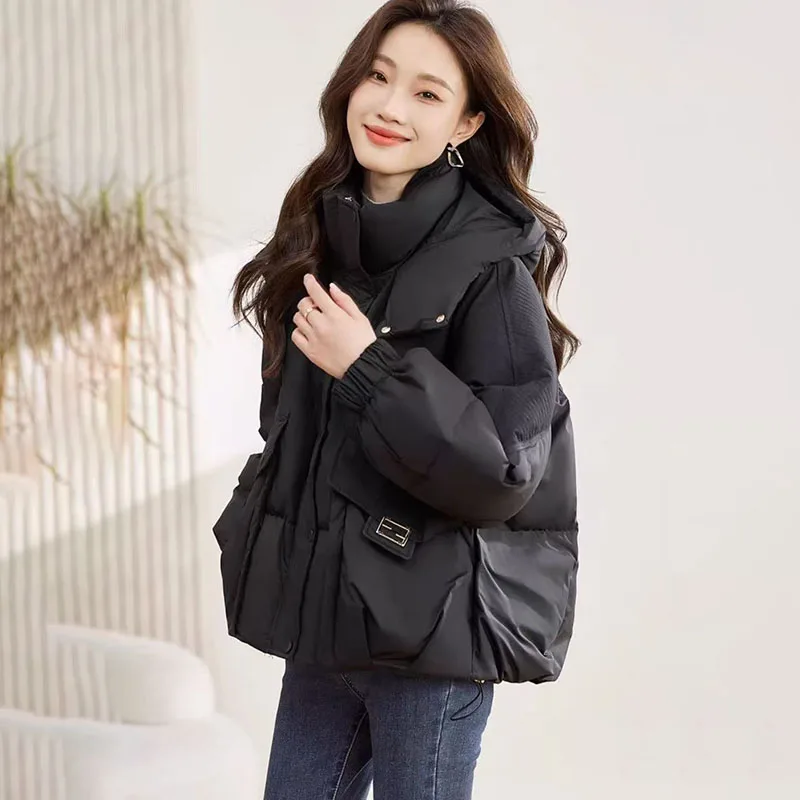 Nouvelle veste polaire ample en coton pour femme, veste d'hiver chaude, Parka à capuche, vêtements d'extérieur, vestes matelassées froides, noir