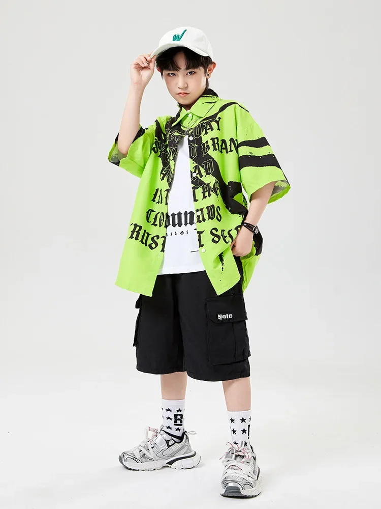 ชาย Hip Hop ชุดเสื้อยืดสีเขียว Street Dance สีดํากางเกงขาสั้นสินค้าหญิง Streetwear เด็กห้องบอลรูมเสื้อผ้าเครื่องแต่งกาย