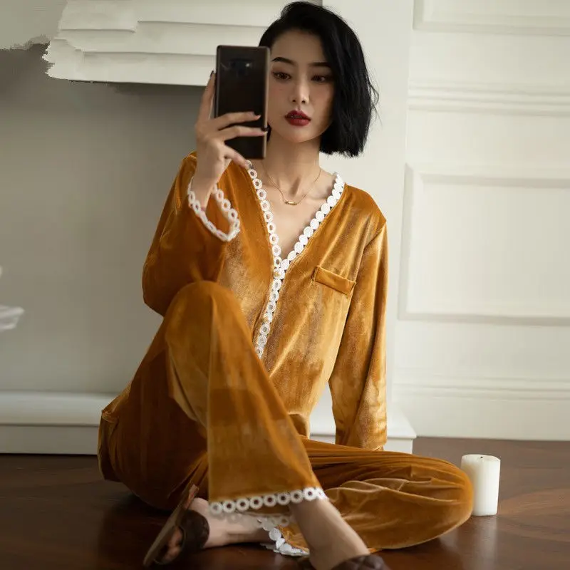 

Женский бархатный костюм с длинными рукавами, Элегантный Привлекательный костюм для улицы, комплект домашней одежды, весна-осень-зима