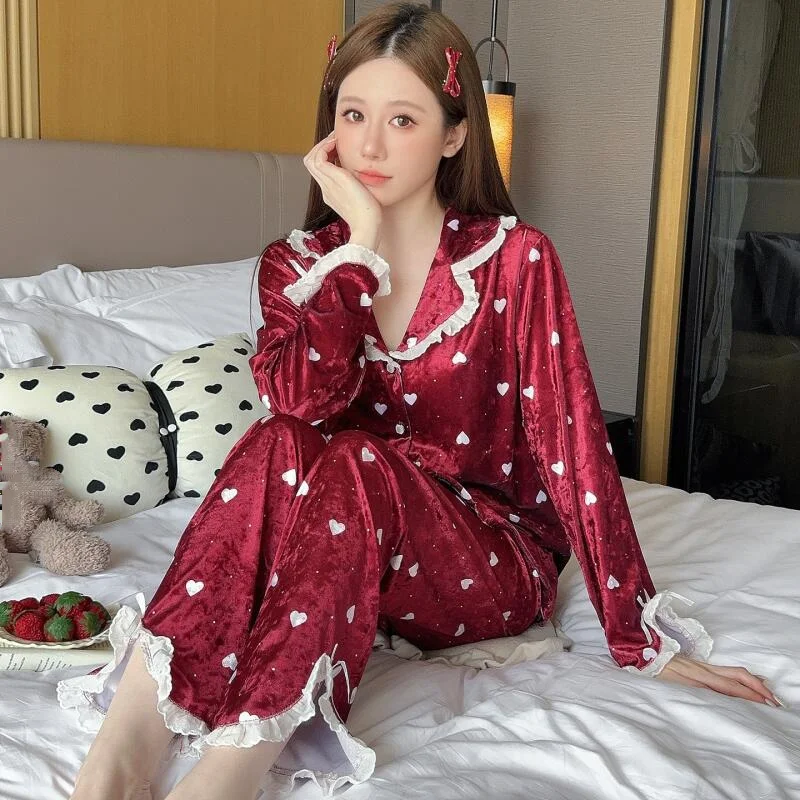 

Осенне-зимний золотой бархатный кардиган в стиле принцессы с кружевными краями, одежда для сна, женские брюки с длинными рукавами, домашняя одежда, комплект из двух предметов