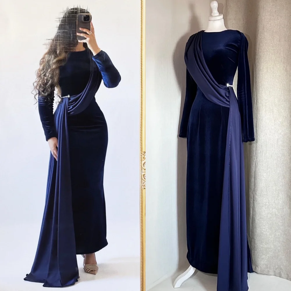 

Customized Modern Style Classic Velour Pleat Ruched Straight Scoop Neck Midi Dresses Bespoke Occasion Dresses Matching Classic