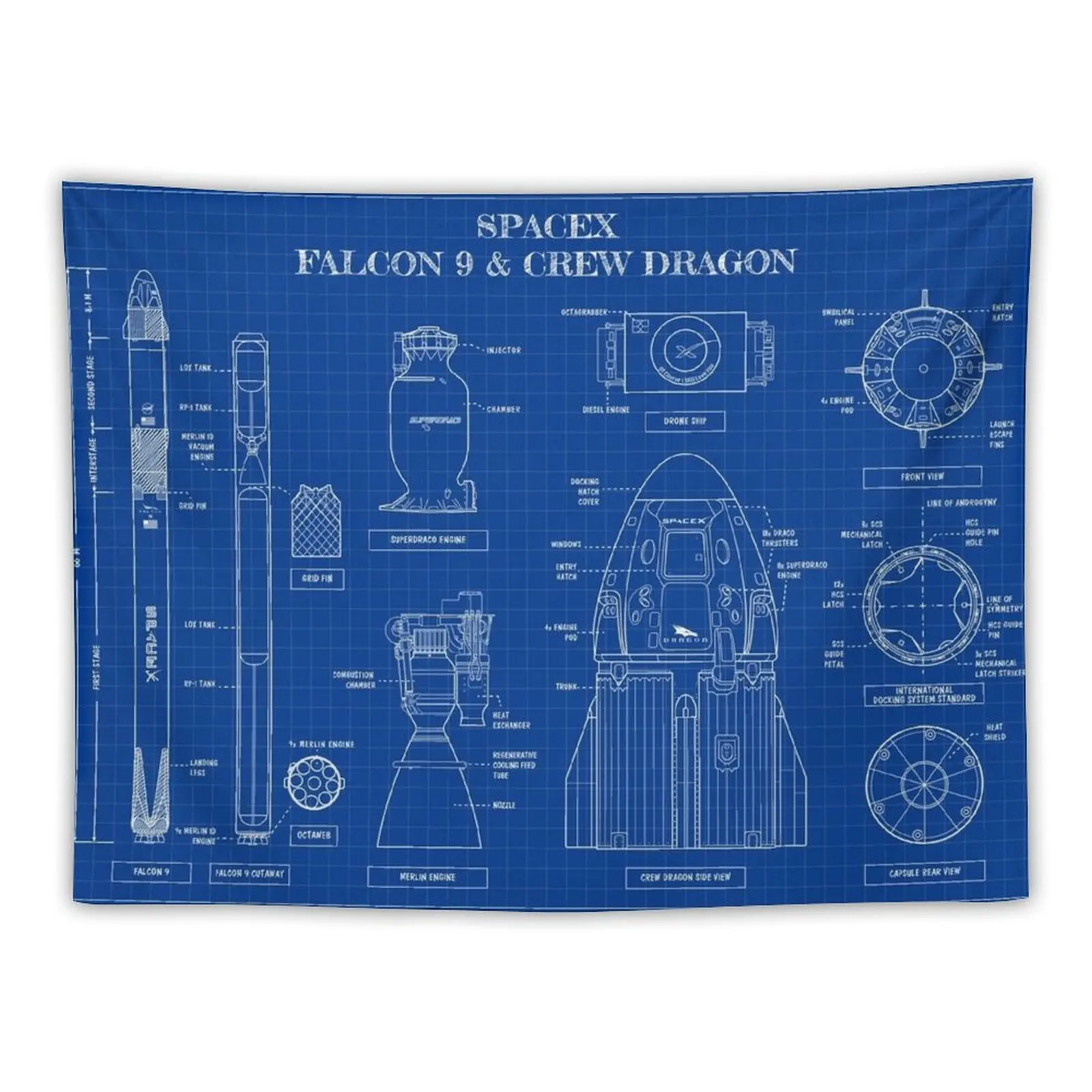 SpaceX: Falcon 9 and Crew Dragon (Blueprint-English) Tapestry Room Decor For Girls Home Decor Accessories Tapestry