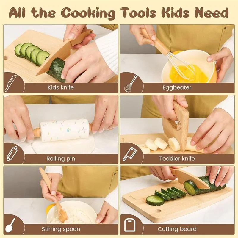 A03F-Wooden Kids Knife And Toddler Baking Set For Real Cooking