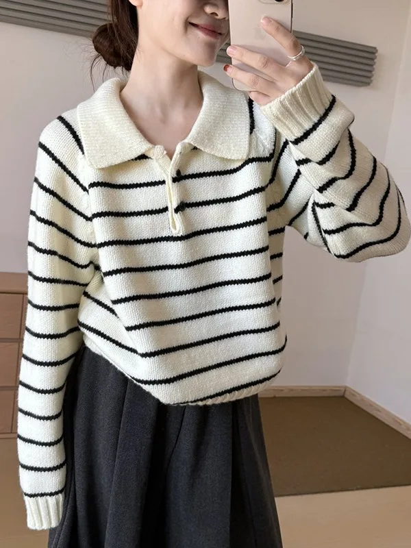 

Korean Sle Striped Knit Sweater Women's Loose Fit Inner Wear Fre Age-Defng Design Autumn Winter New Arrival Online Excl...