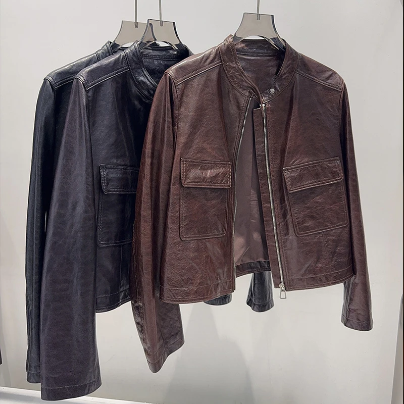 カジュアルオイルワックスレザー女性の本革ショートジャケット 2026 春スタンドカラージッパー女性スリムフィットシープスキンジャケットトップス
