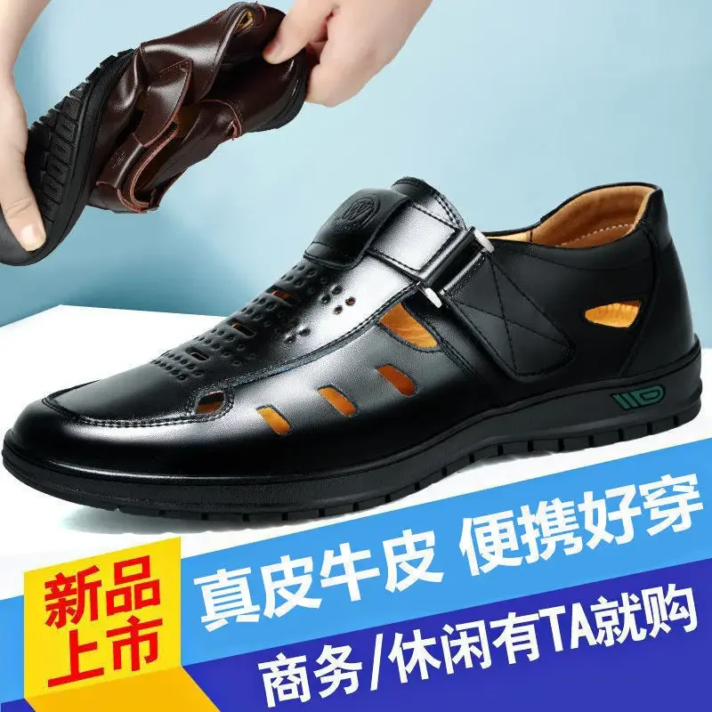 Men Genuine Leather Sandals Summer Breathable Casual Shoes for Man Slip on Clogs Outdoor Non Slip Hand Made Sandalias image 5