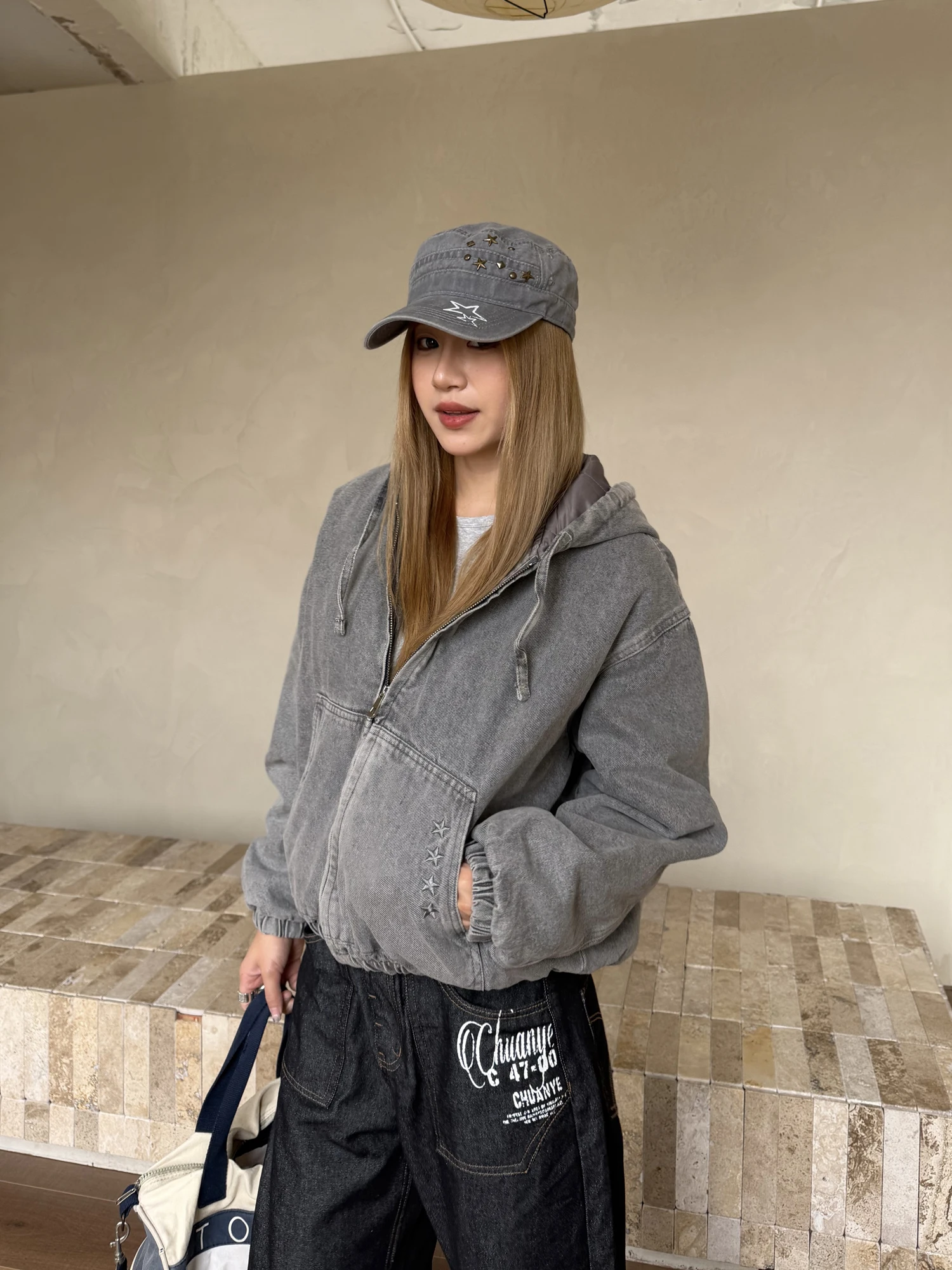 

Waed Denim Cotton Jaet with Hood ex Autumn Winter ort Wide American Sle Clothing Vintage Retro Loose Fit Zipper C...