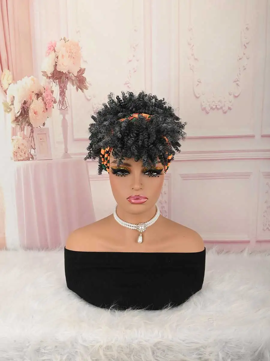 Grey Black Mix Kinky Curly Headwrap Wig, Pre-tied Glueless Turban Hairpiece for African American Women Styling Synthetic Wig