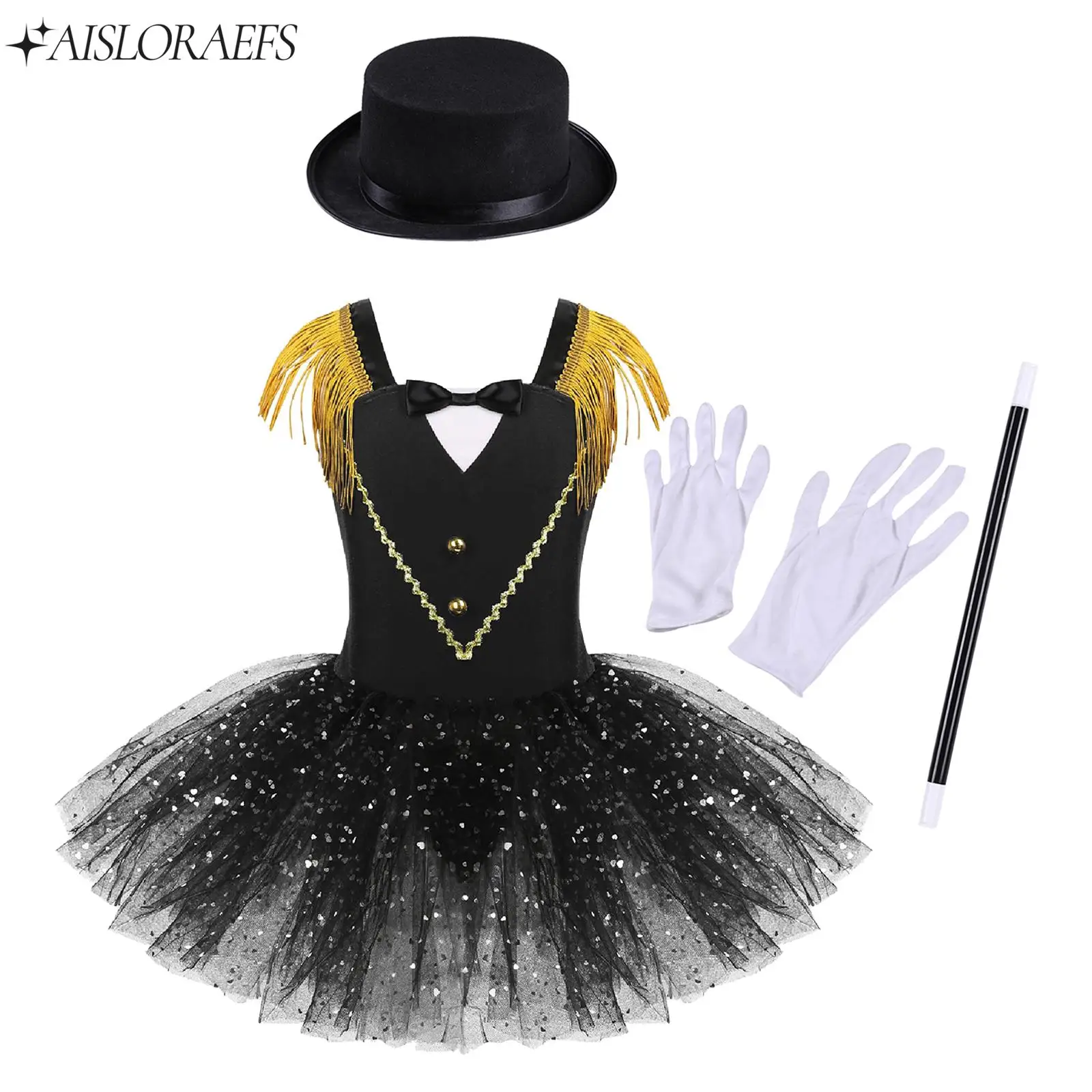 

New Girls Circus Costume Set Tassel Tutu Dress with Hat Magic Wand Gloves Outfit Halloween Cosplay Dress Up Performance Set