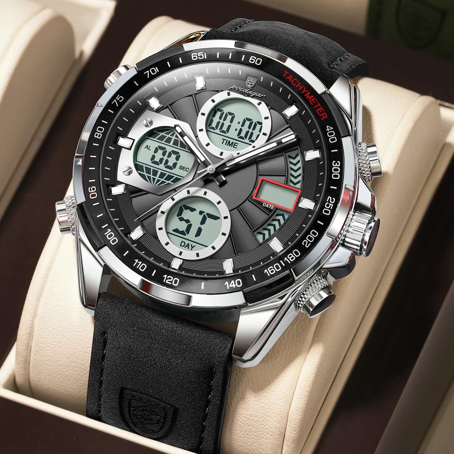 POEDAGAR Top Military Men Watch Week Date Electronic LED Quartz Man Clock Alarm Dual Time Luminous Fashion Digital Men's Watches