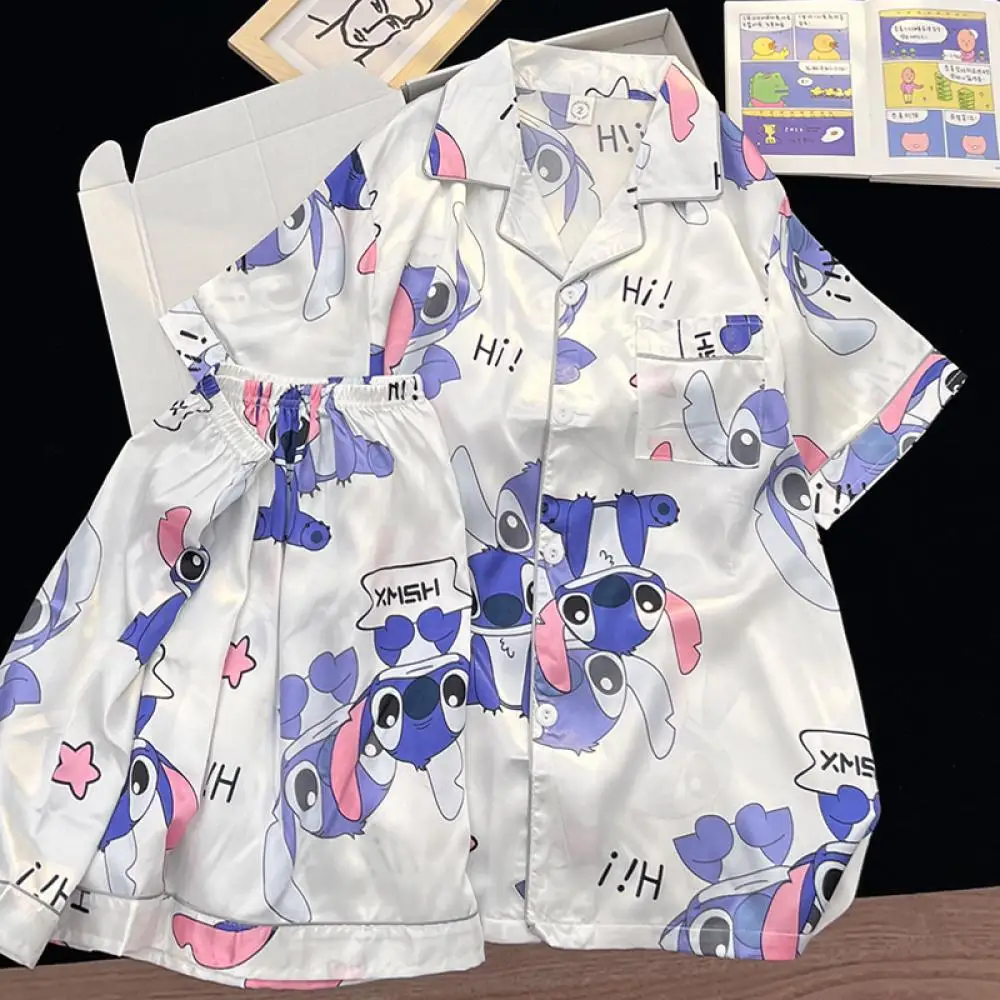 

Anime New Stitch Couple Pajamas Short Sleeve Trousers Summer Cartoon Woman Man Fashion Thin Casual Loose Ice Silk Loungewear Set
