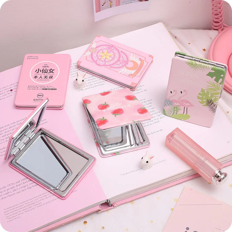 [Buy 1 get 1 free] Popular cute PU leather lady portable folding metal makeup mirror student mini portable portable double-sided small mirror
