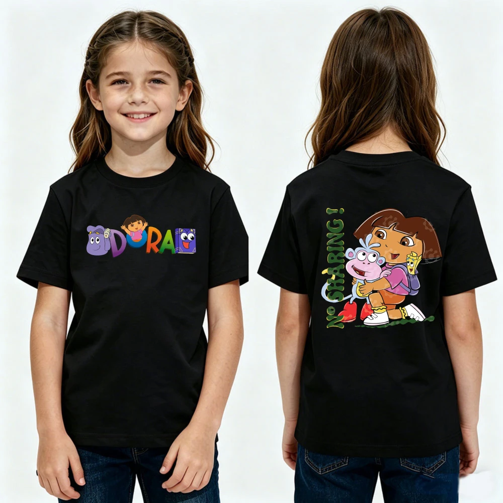 Dora The Explorer Theme Series Double Sided Shirt Classic Cartoon Graphic Kids Tee Children Boys and Girls Casual Cotton Tshirt