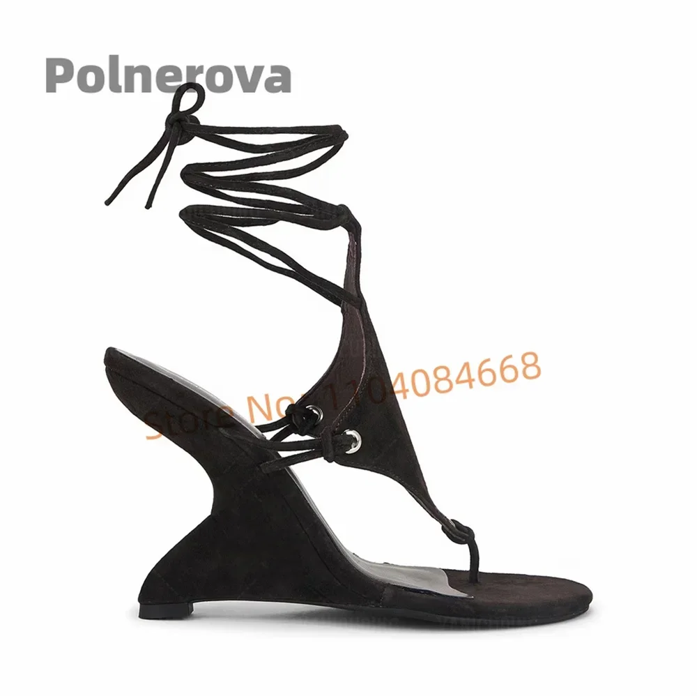 Sandalias sexis de ante marrón para mujer, cuñas con punta de Clip, tacones altos con cordones, estilo novedoso de verano para mujer, zapatos de pasarela para fiesta de diseñador