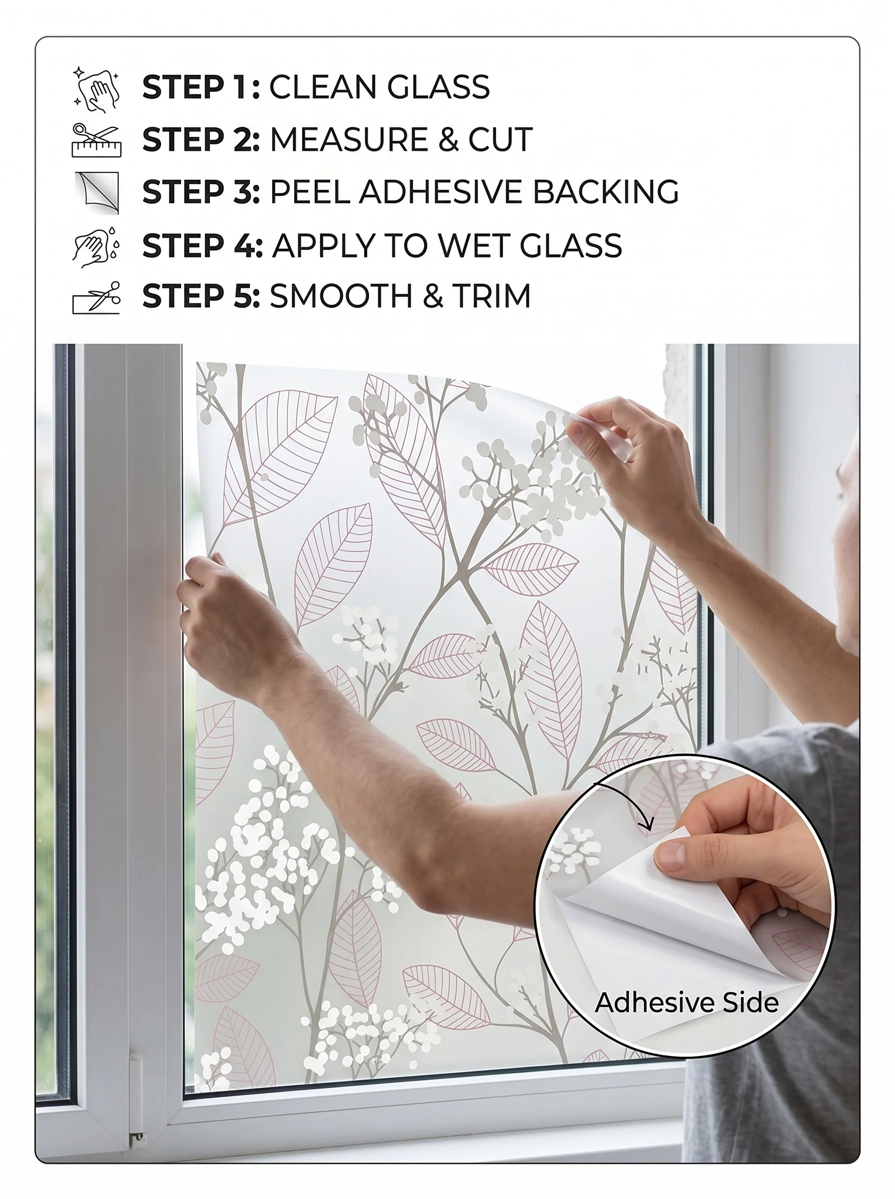 Botanical Leaf Self‑Stick Window Privacy Film Self‑Adhesive Decorative Glass Decal Anti‑Peeping for Shower Door Living Room