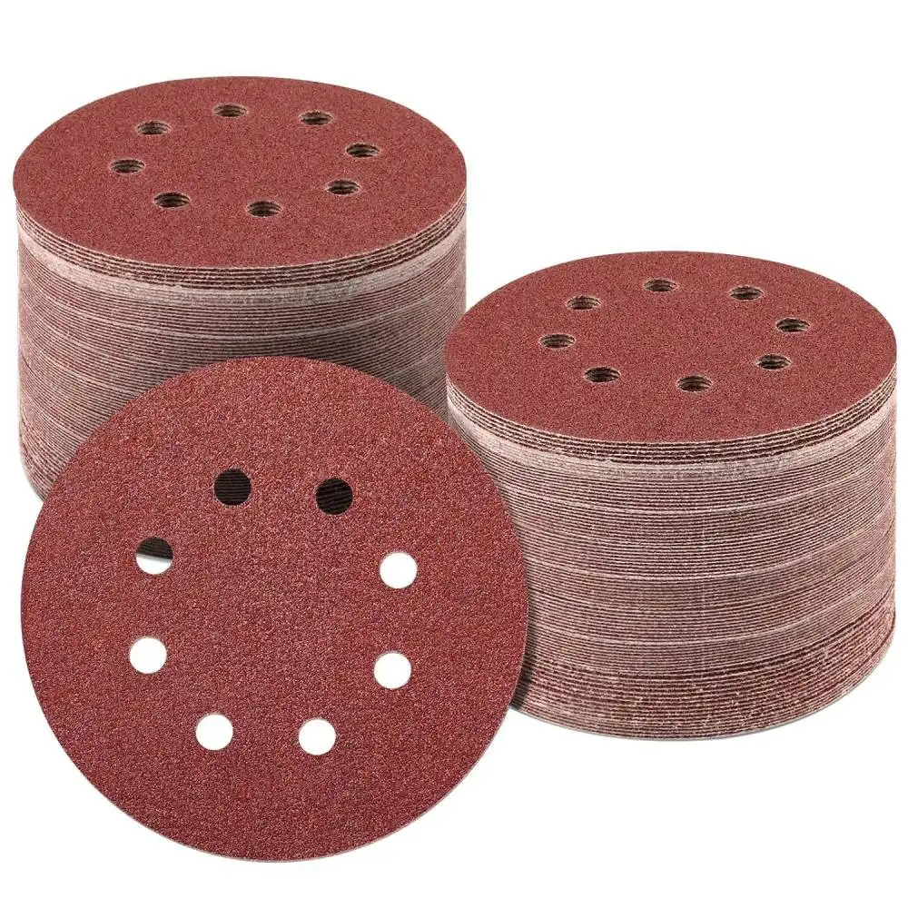 125mm 5 Inch Sanding Discs 8 Hole Hook Loop Red Abrasive Paper For Power Tool Orbital Sander Wood Metal Buffing Pad
