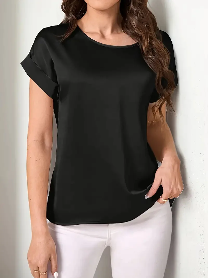 2025 roupas femininas verão novo estilo simples em torno do pescoço cor sólida sensação de luz manga curta solta camiseta