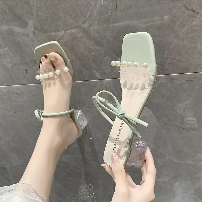 Fashion Women Slippers Slides Square Mid Heels Shoes for Women Mules Solid String Bead Crystal Summer Slippers Plus Size Zapatos