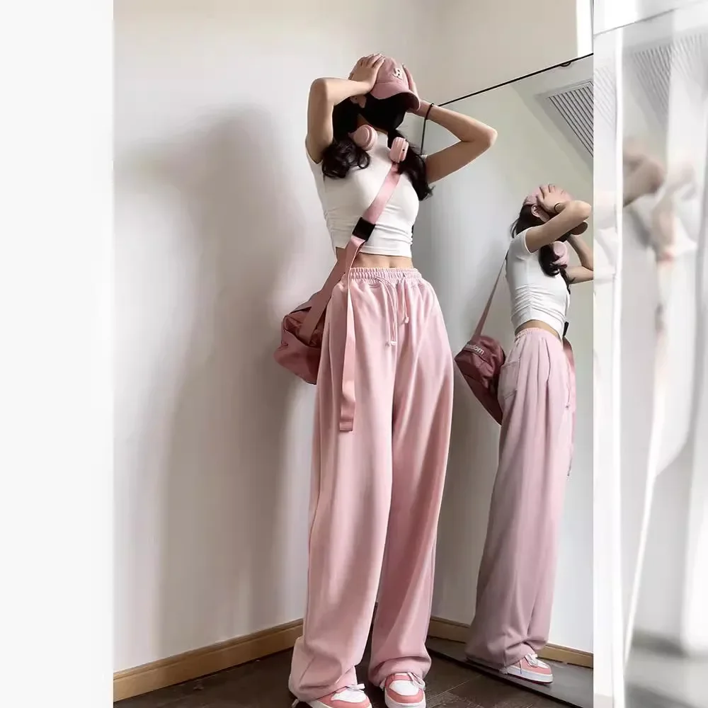 Pink Sweet Spicy Sweatpants Women's Spring Autumn Style American Street Fashion Loose Fit Straight Leg Casual Ankle Pants