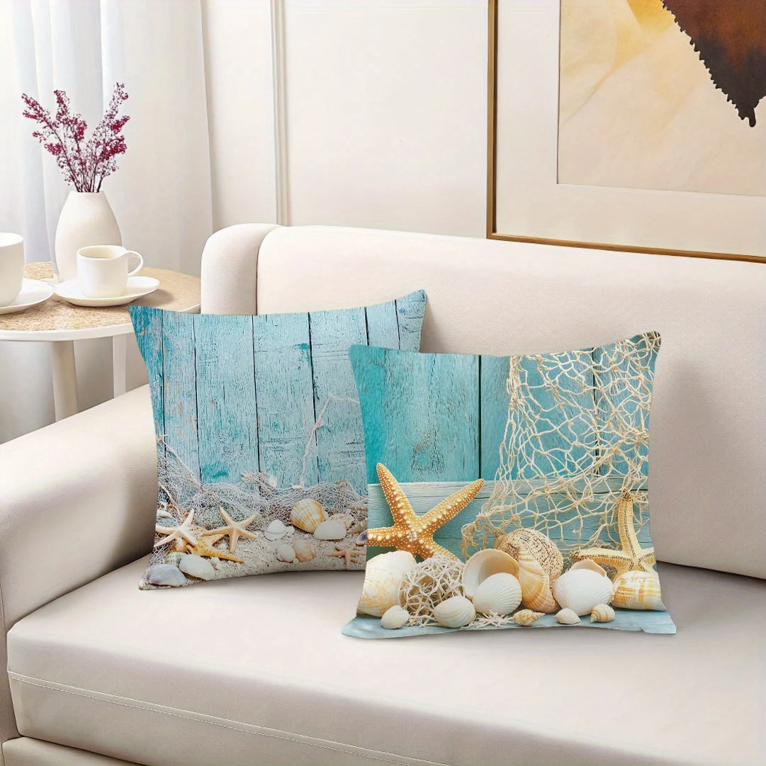 4pcs Coastal Starfish & Shell Throw Pillow Covers, 18x18 Inch, Soft Short Plush with Fishnet Design, Zipper Closure - Ideal for