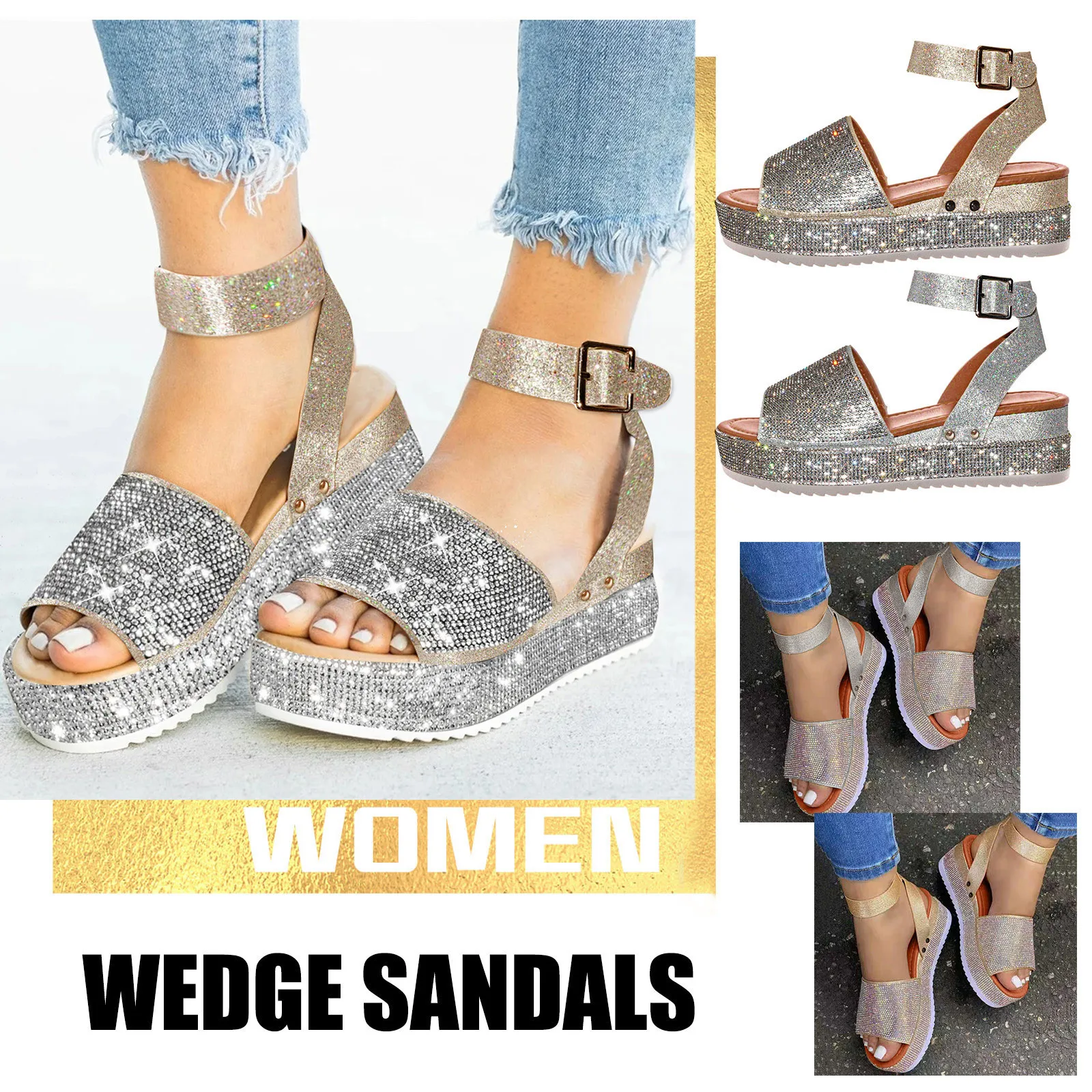 Ladies Sandals Fashion Rhinestone Wedge Sandals Ladies Summer New High Heels Platform Shoes Outdoor Open Toe Casual Sandals