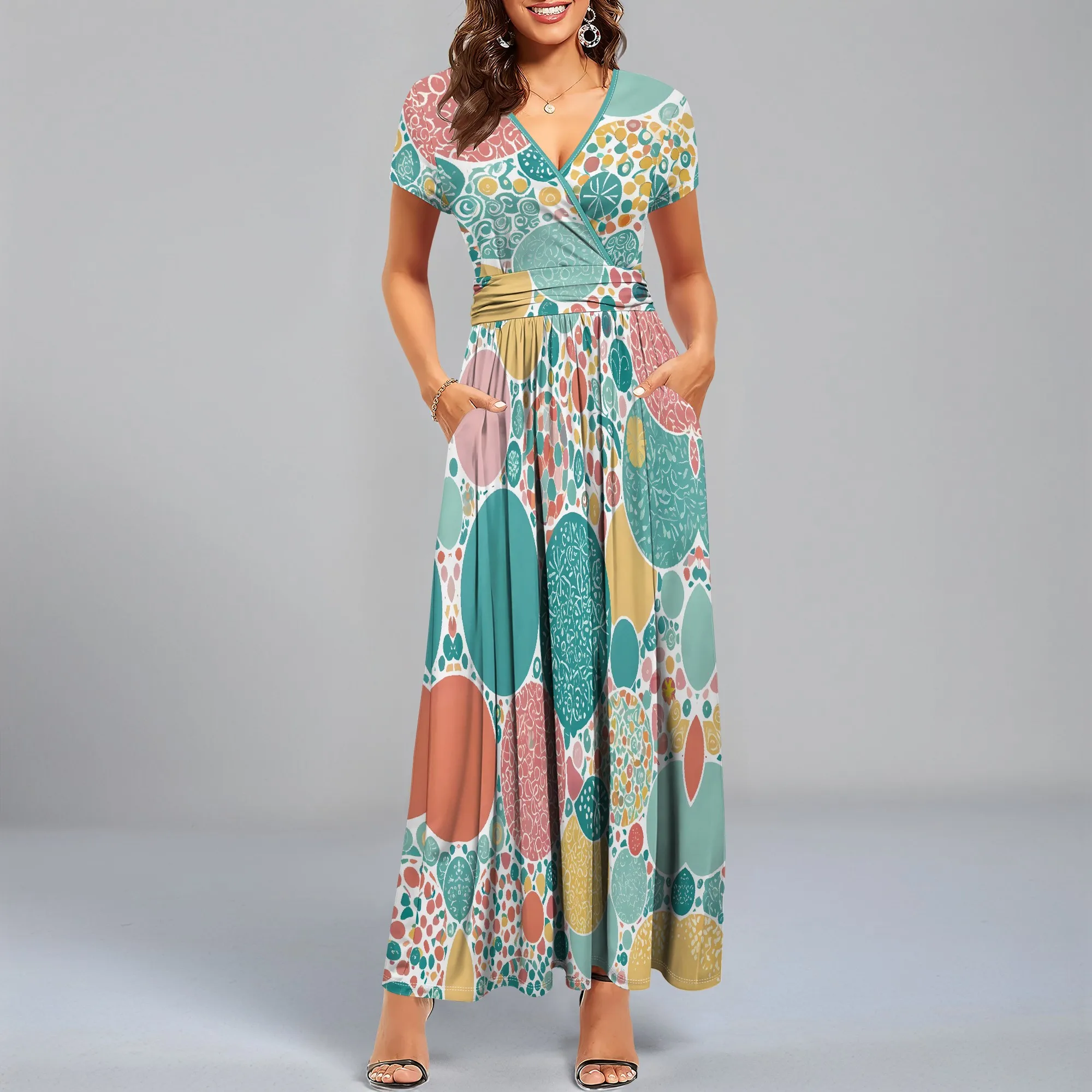 

Nupusa Circular Print Dress for Women Regular Size Summer Casual Wrap V - Neck Short Sleeve Maxi Dress