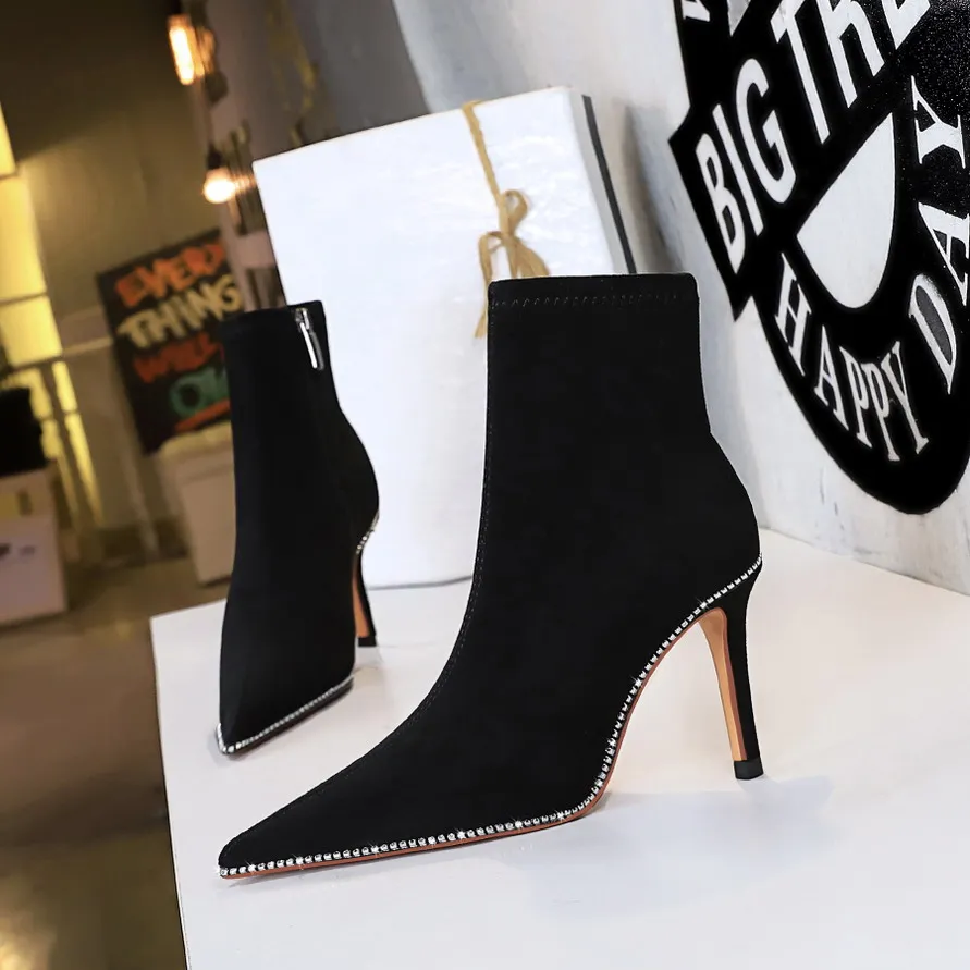 BIGTREE Shoes Pointed Toe Women Ankle Boots Suede crystal border Boots Women Stiletto High-heel Boots Short Plush Winter Boots