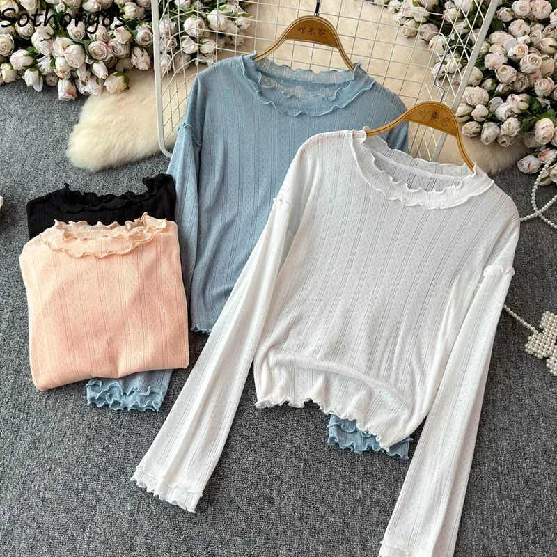 

Long Sleeve Sleep Tops Women Solid Fungus Knitted Home Sweet Students Cozy Inner Korean Style Casual All-match Sleepwear