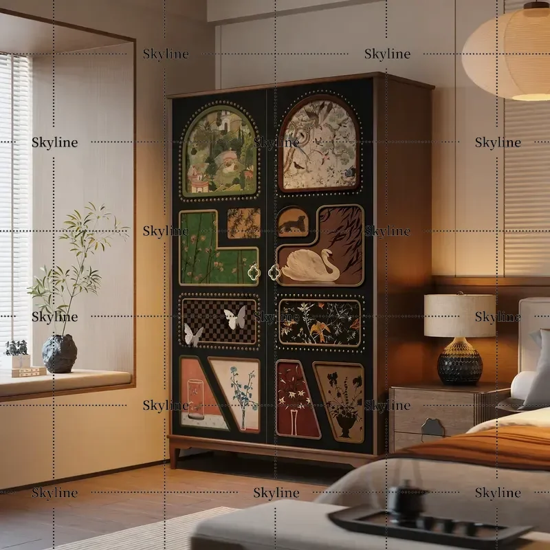 Medieval Style Retro Wardrobe with Art Printing Pure Solid Wood New Chinese Bedroom Locker High End Customizable