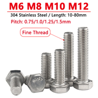 304 Stainless Steel M6 M8 M10 M12 Fine Thread Cylindrical Head Hex Hexagon Screw Bolt Pitch 0.75/1.0/1.25/1.5mm Length 10-80mm