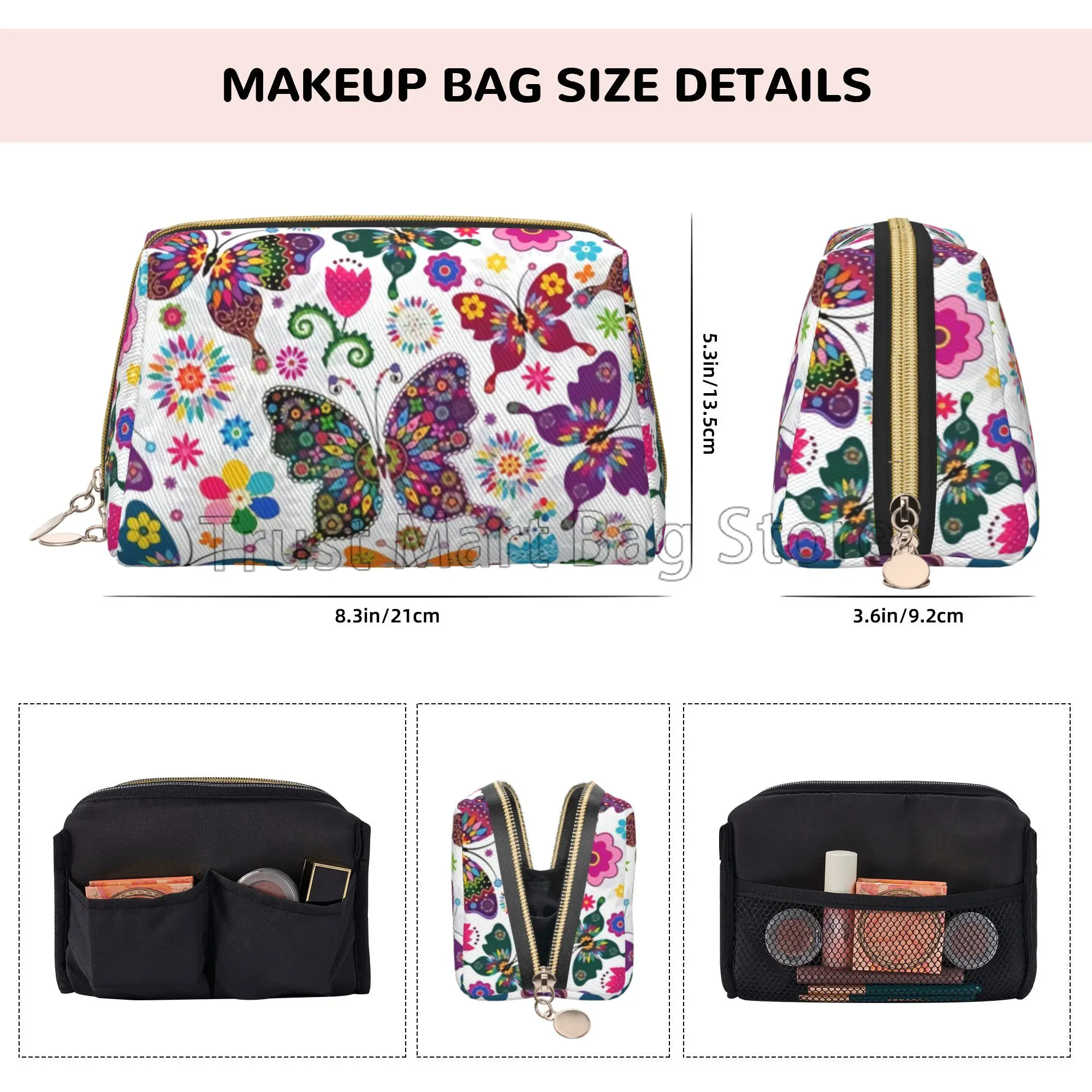 White Floral with Colorful Butterflies Print Leather Makeup Bag Large Capacity Travel Storage Pouch Cosmetic Bag for Women