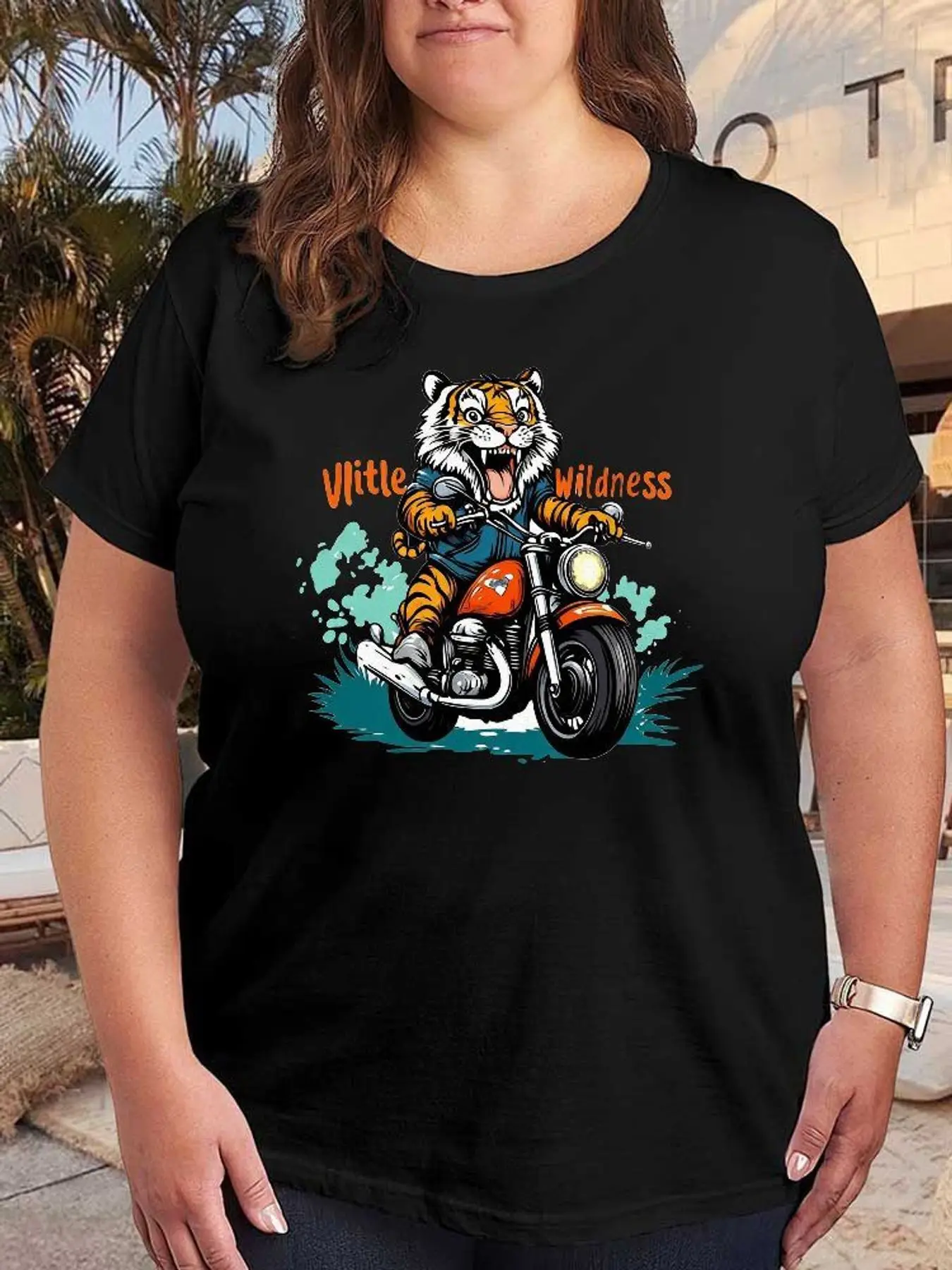 Tiger Riding Motorcycle Graphic T Shirt Women Little Wildness Print Fashion Casual Tops Stretchy Soft Short Sleeve Plus Size Tees