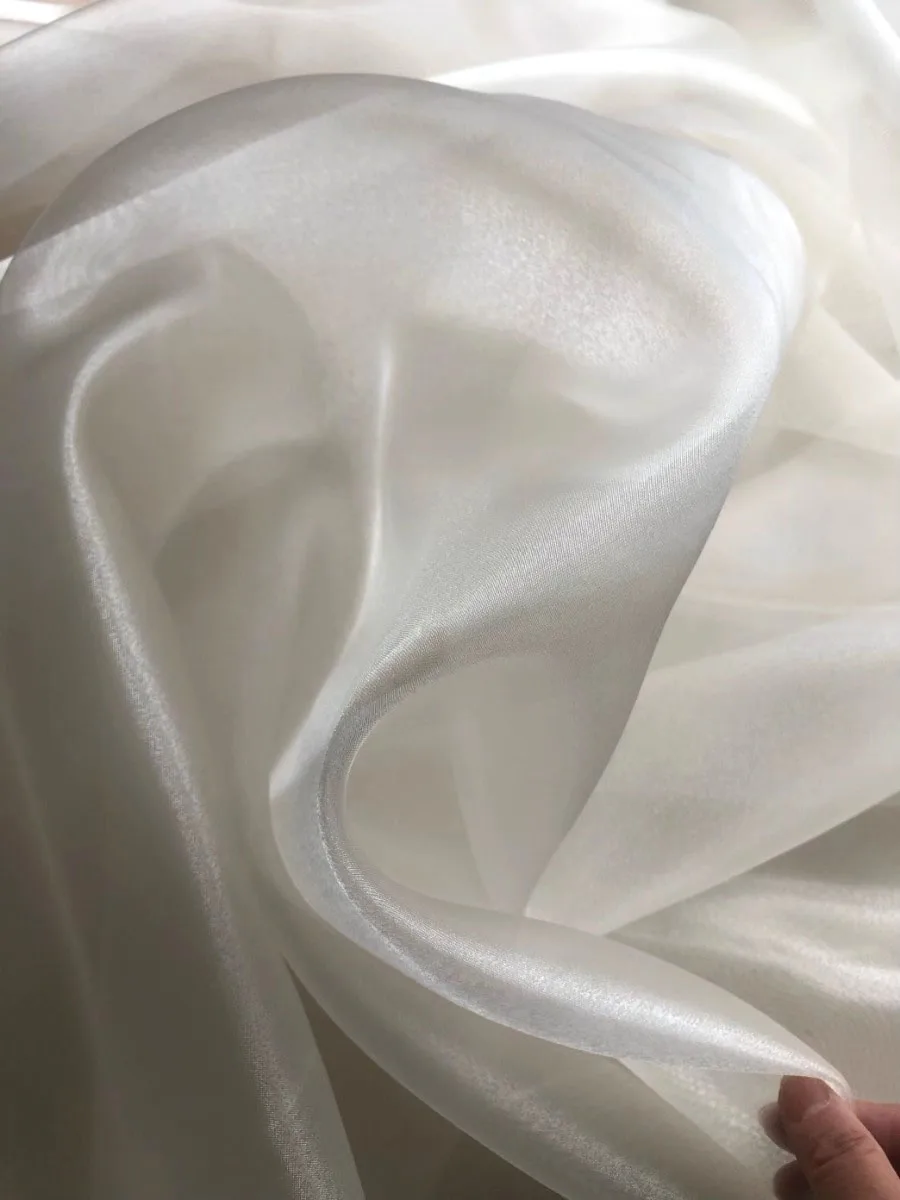 Ivory Almond Crystal Pearl Sheer Organza Fabric Thin Shiny Wedding Dress Evening Gown Designer Graduation Material Bride Dress