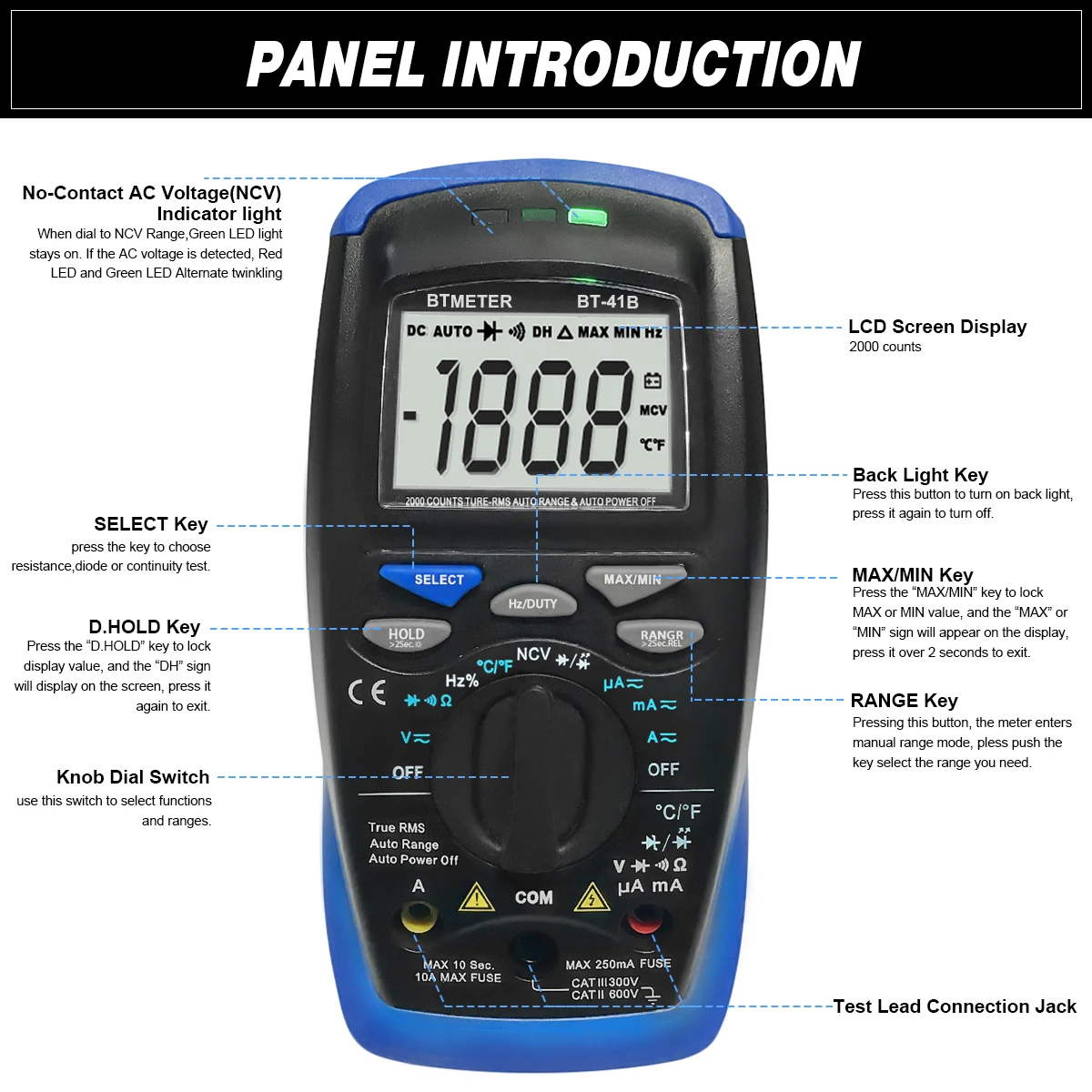 True RMS Multimeter HP-41B 6000 Counts 0.5% DCV Auto Range CAT III 300V NCV LED/Zener Cap Temp for Electricians HVAC CE IEC-1010