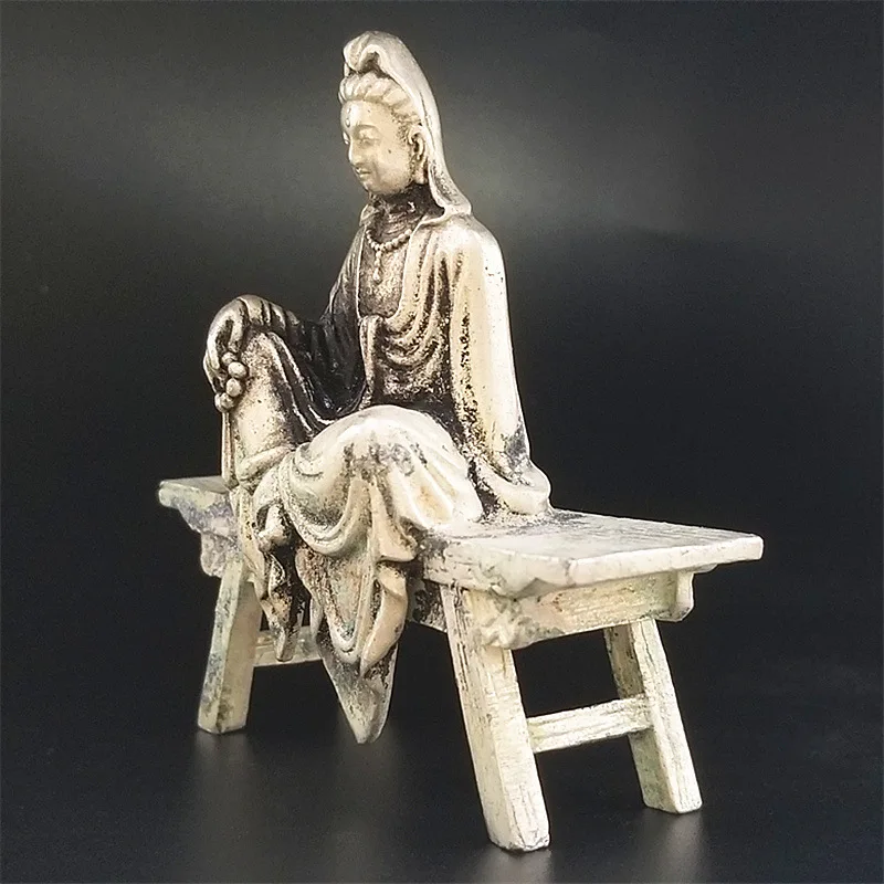 Silver Plated Guanyin Bodhisattva Stool Buddha Ornament Antique Crafts