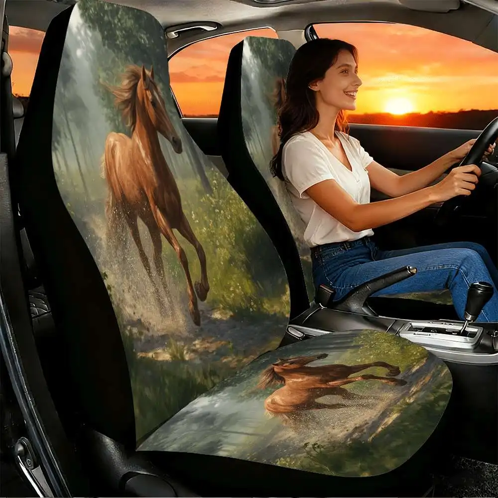 2pcs Galloping Chestnut Horse Car Seat Covers Suitable For Front Seats, High Back Design, Material, Suitable For Cars, SUVs And
