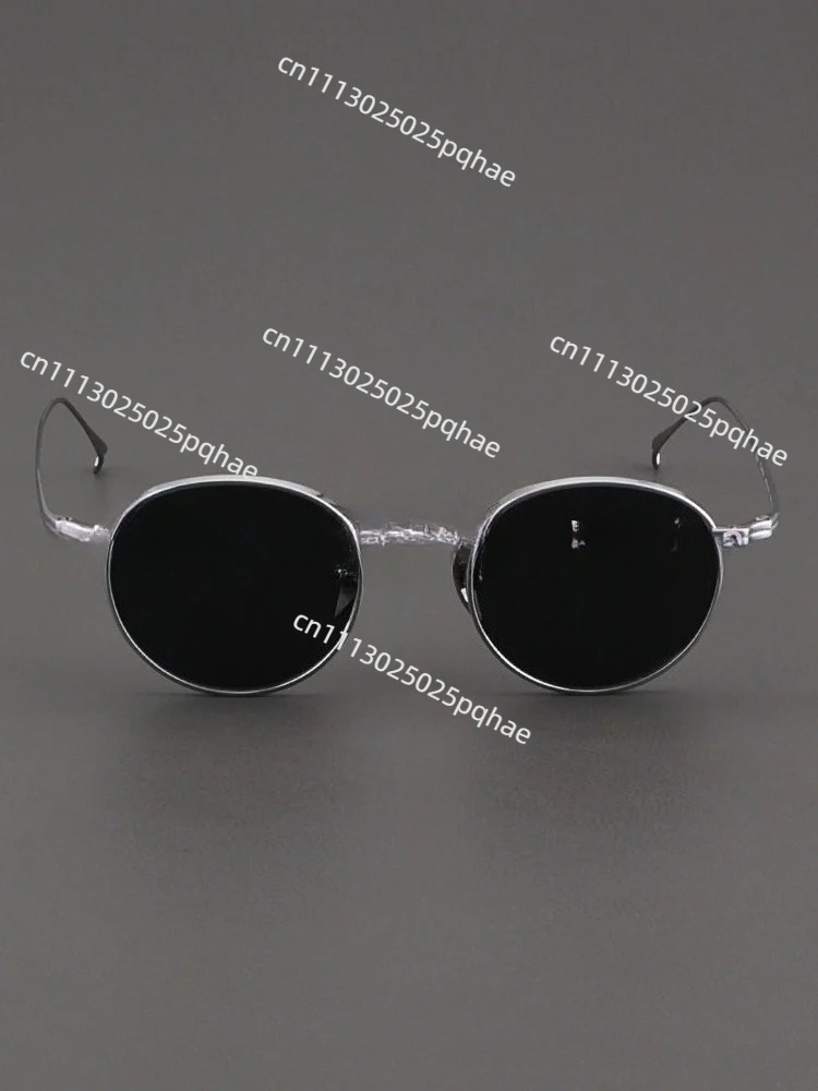 Pure titanium sunglasses for men, artistic silver small frame glasses, retro Japanese polarized sunglasses for women, trendy