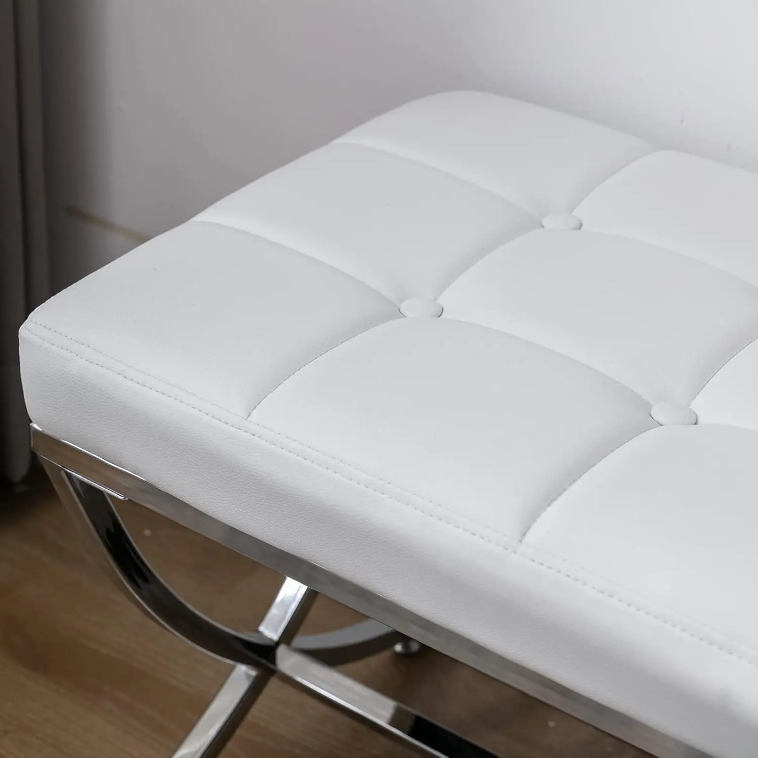 Taburete con reposapiés y botones, asiento de tocador con patas de Metal, 45,75 "W X 16,5" D x 19,25 "H, blanco