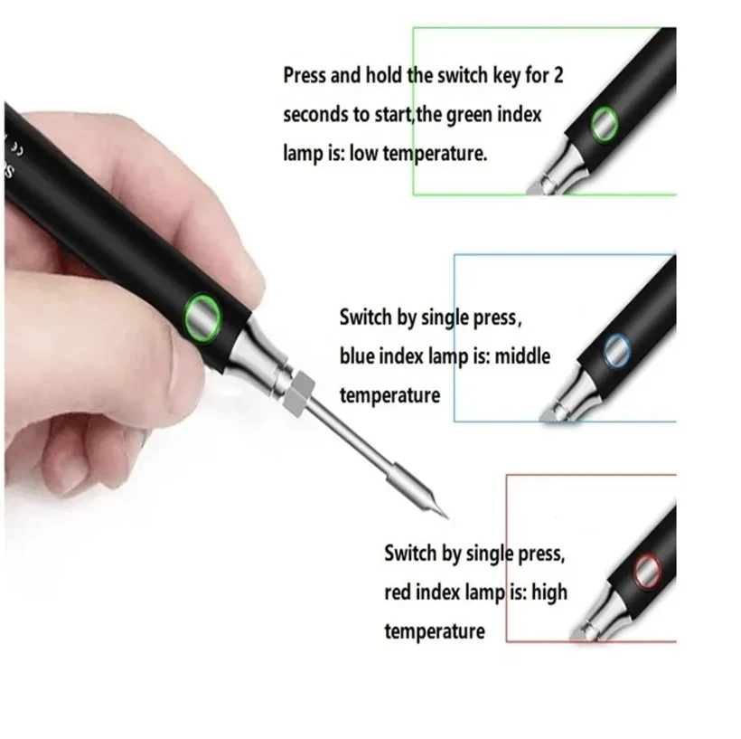 Portable USB Cordless Soldering Iron Tool Pen 5V 8W Electric Powered 3 Tip Kit Rechargeable and Temperature Adjustmen