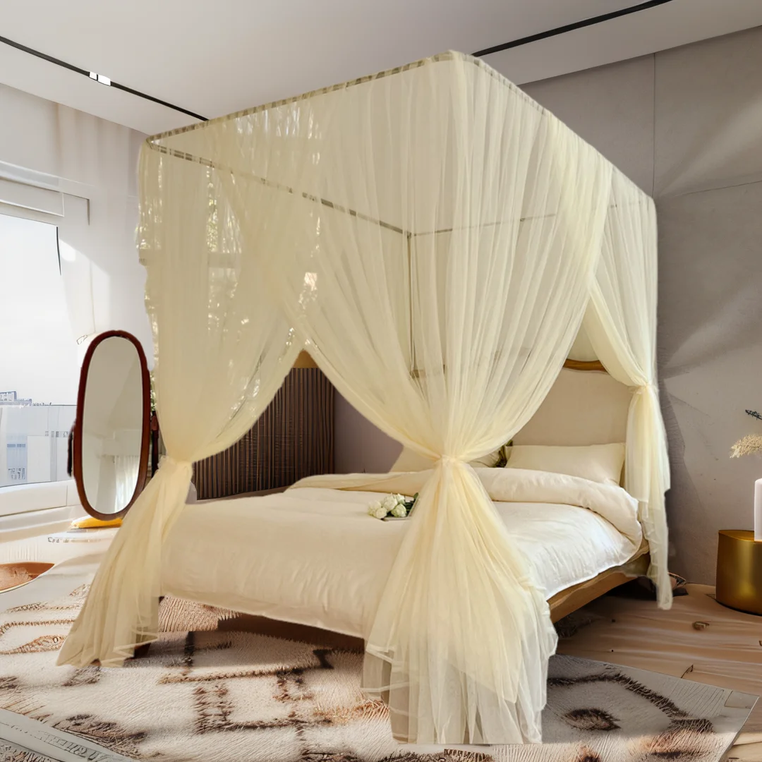 Mosquito Net Cotton Four-Door Sexy Square Canopy - King/Queen Double Bed Size, Elegant White Palace Netting Prevent Insect Net
