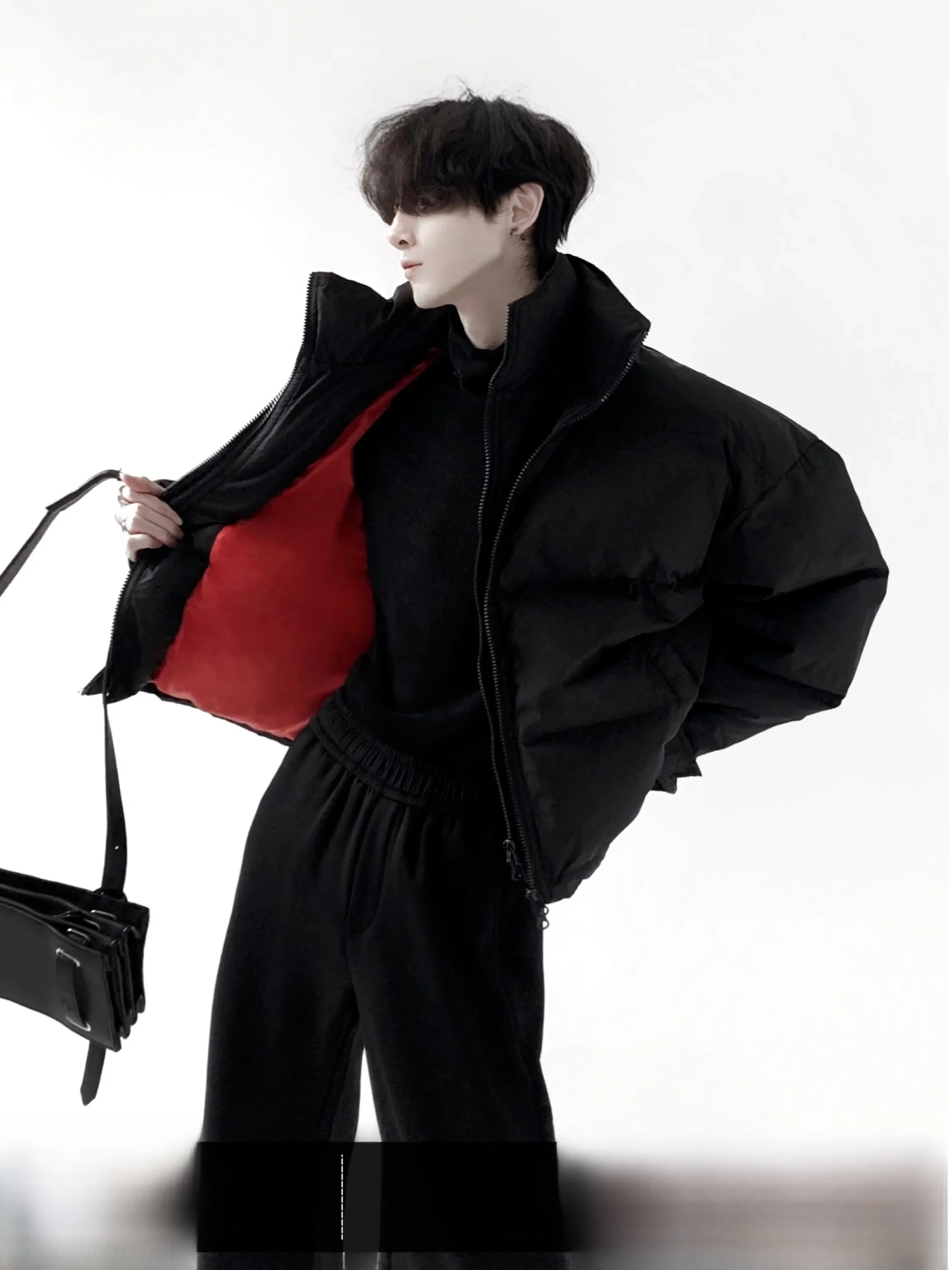 Autumn Mountain Wind Men's Cotton Jacket Double Layer Stand Collar Short Inner Red Black Boxy Winter Coat Warm Thickened