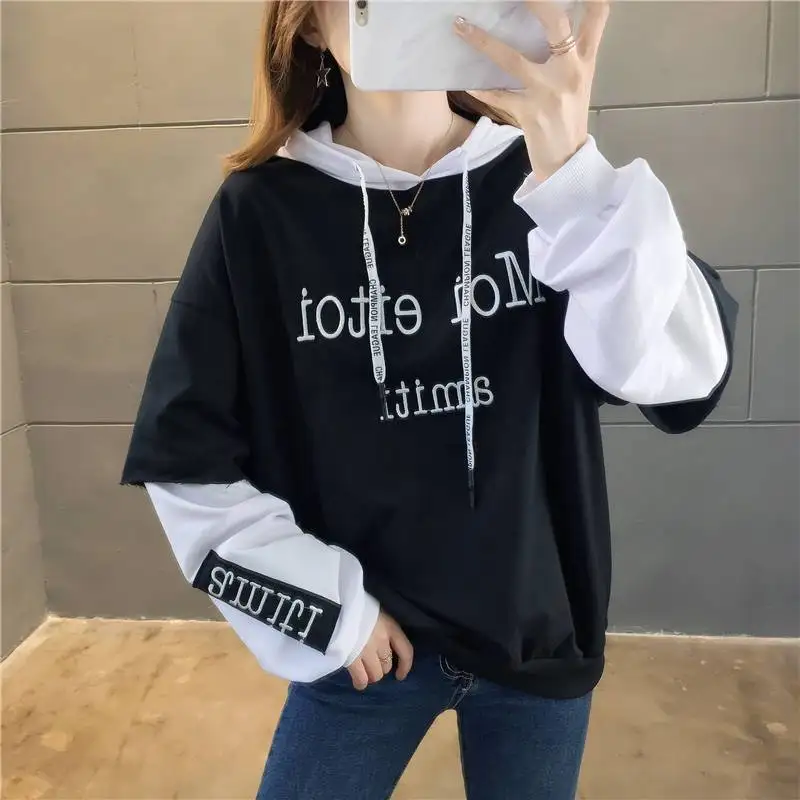 Women's Autumn Winter New Fashion Hooded Letter Patchwork Casual and Versatile Long Sleeved Loose Fake Two-piece Sweatshirts