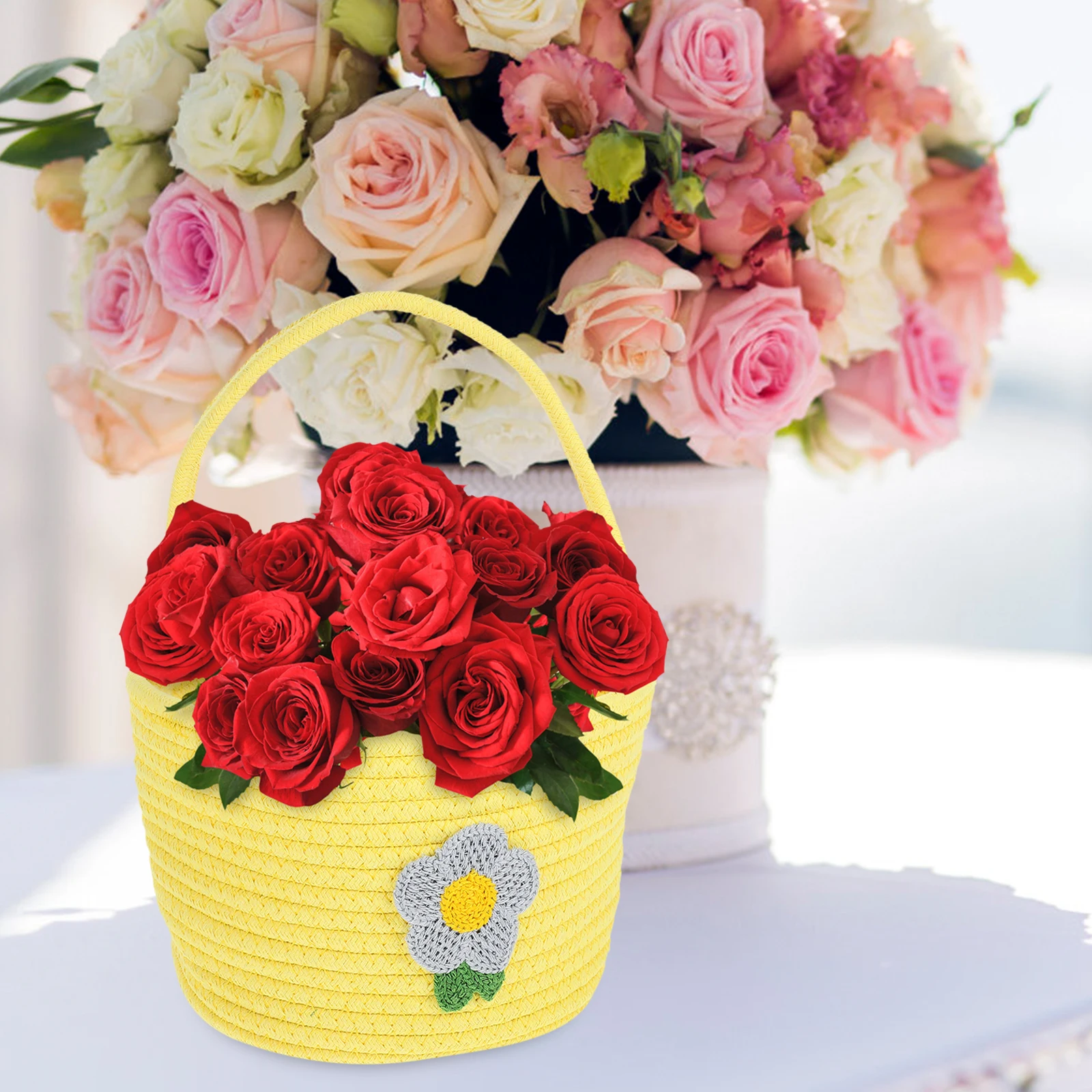 

Cute Cotton Rope Woven Storage For Girls Decorative Flower With Handle Portable Handbasket Multifunctional Organizing Wedding