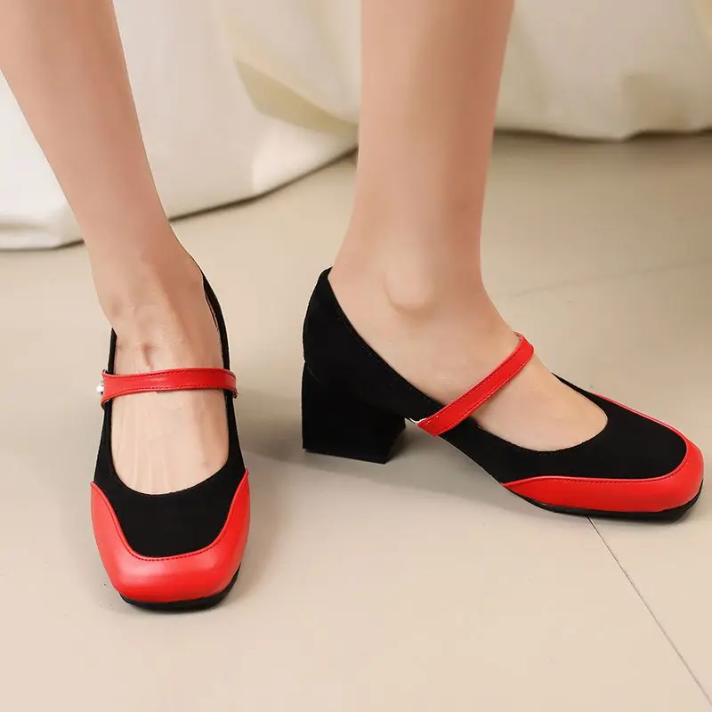 

ORCHALISA Fashion Mary Janes Female Pumps Flock Suede Round Toe Block Heels 5.5cm Buckle Strap Mixed Color Large Size 46 47 48