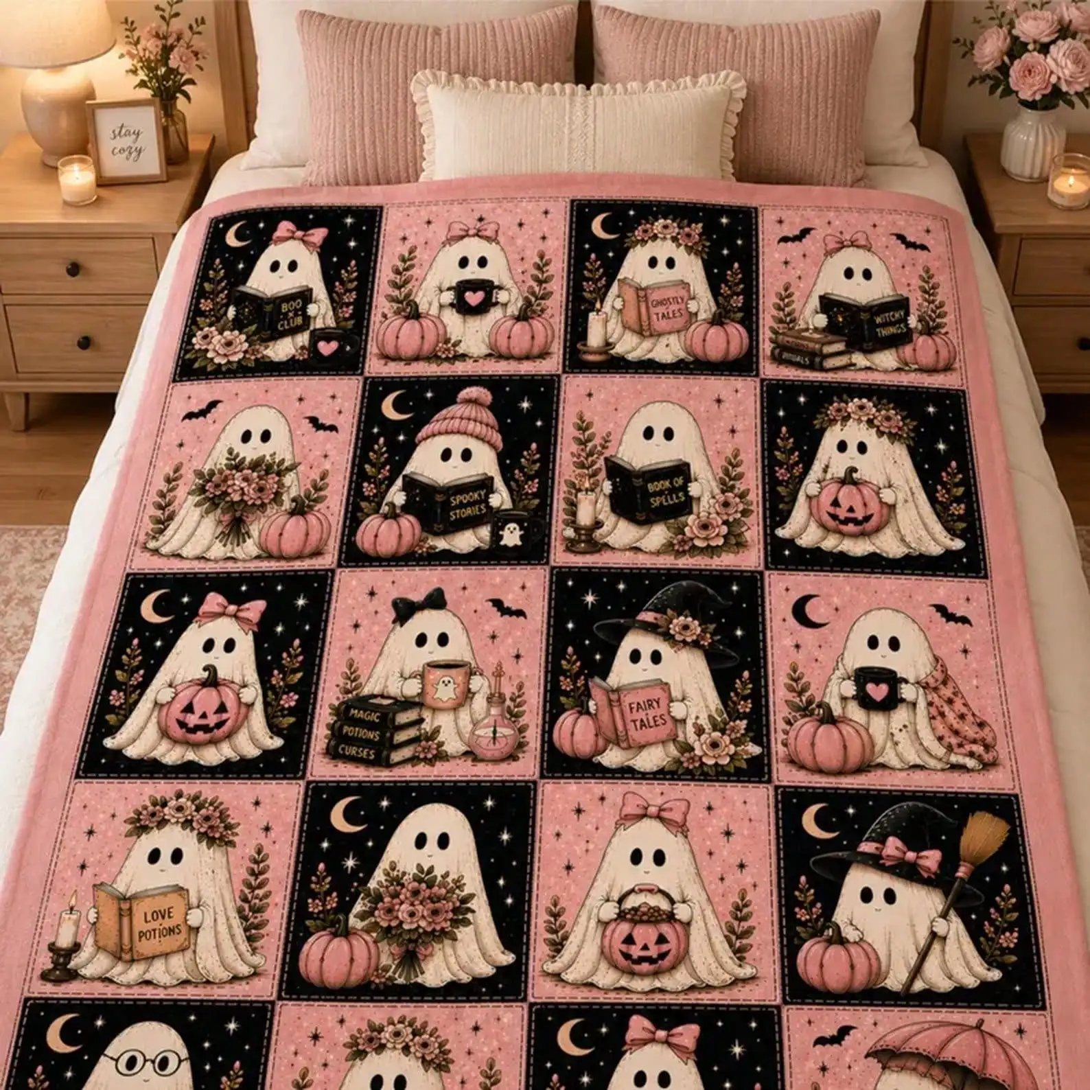Pink Ghost Patchwork Flannel Blanket, Cute Halloween Ghost Throw, Sweet Goth (Coquette) Whimsical Decor, Soft Goth Style Blanket, Soft And Cozy Autumn Gift