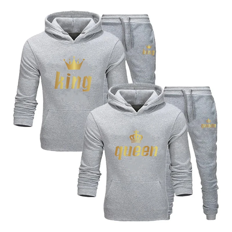 2024 New Casual Autumn and Winter Men's and Women's SweaterSet KING QUEEN Loose Cotton Relaxed Hooded Print Couple SetSweatshirt